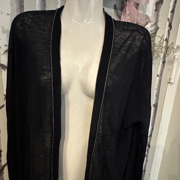 A BLACK SHEER TINY JEWELED PIPING LIGHTWEIGHT OVERLAY CARDIGAN - Picture 3 of 5